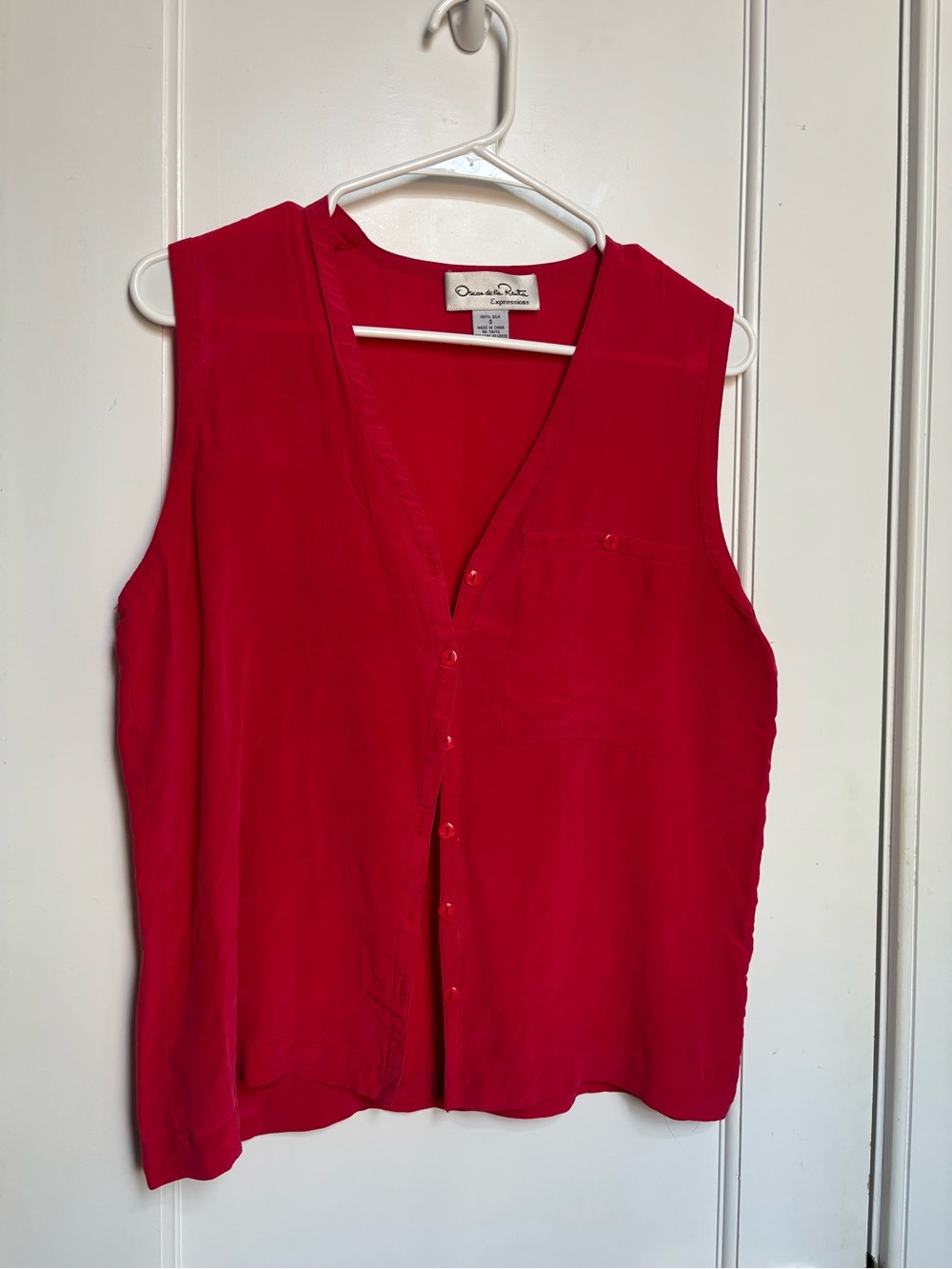 Oscar de la Renta Sleeveless Button-Front Cherry Red Top